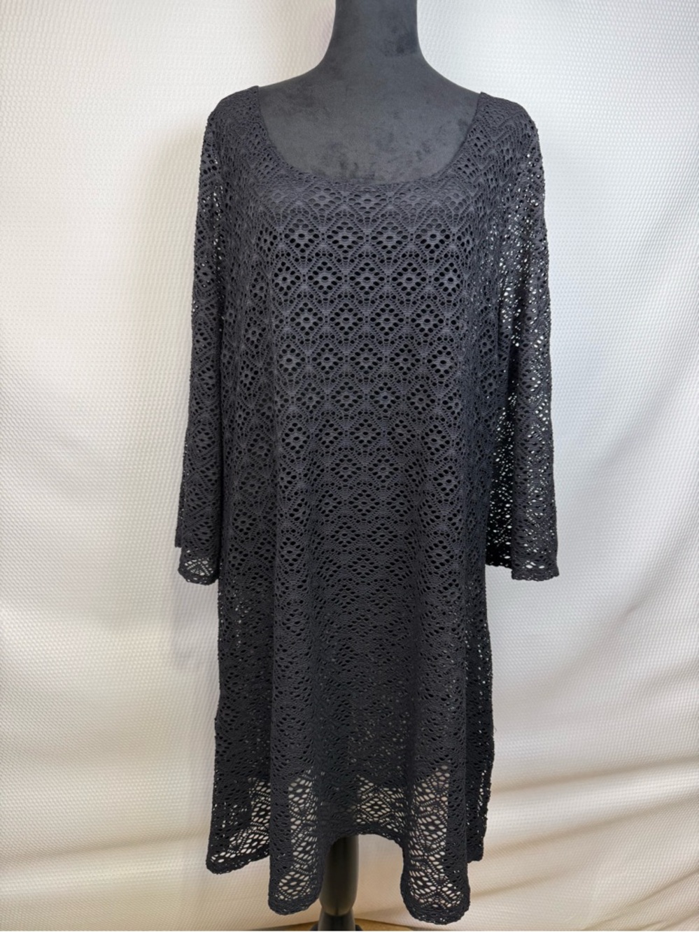 Miraclesuit Black Sheer Mesh Swim Cover-Up Tunic Dress Sz XL 3/4 Sleeves - Picture 2 of 14